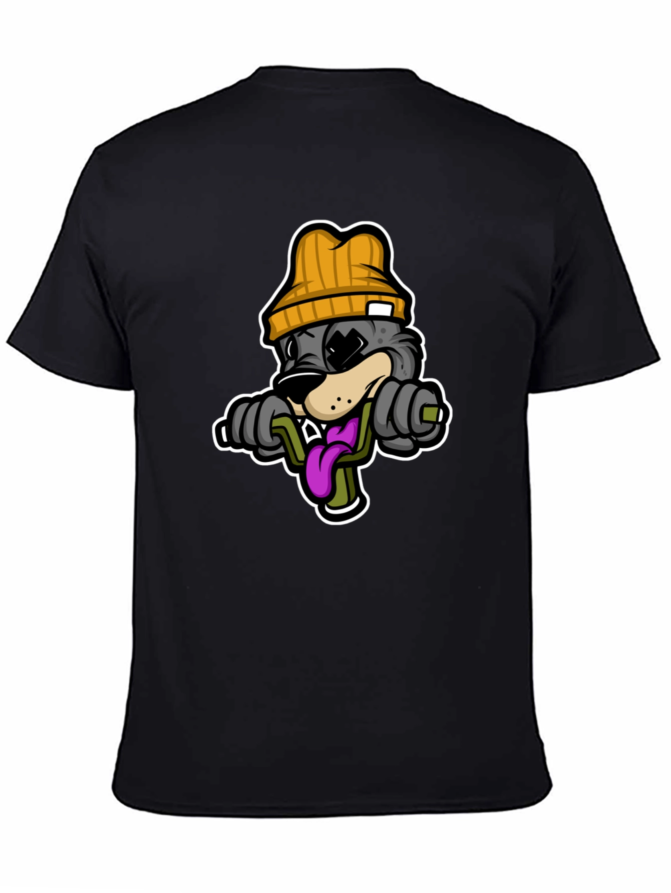 Cartoon Wolf Lifting Weights Black T-Shirt