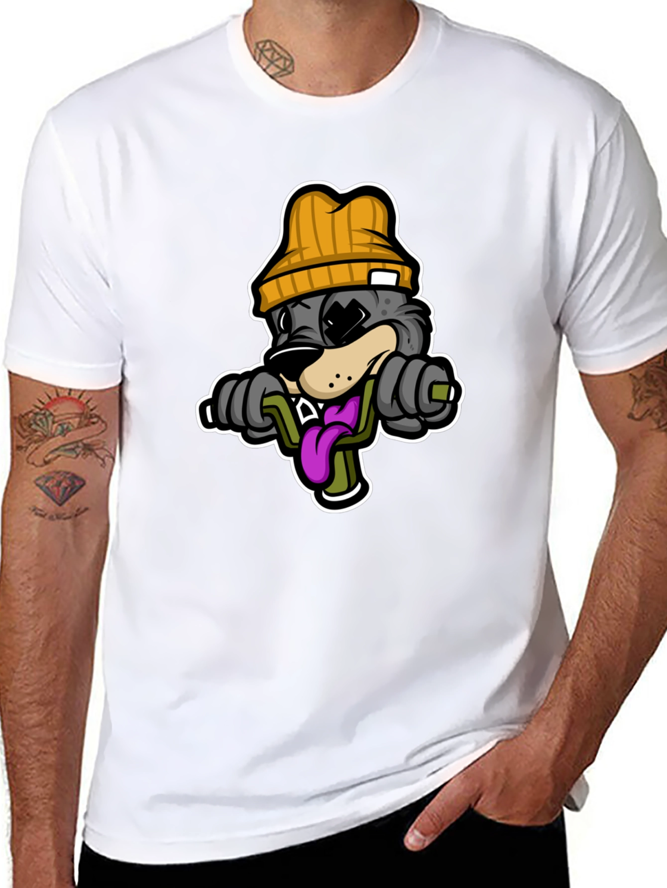 Cartoon Wolf Lifting Weights Black T-Shirt