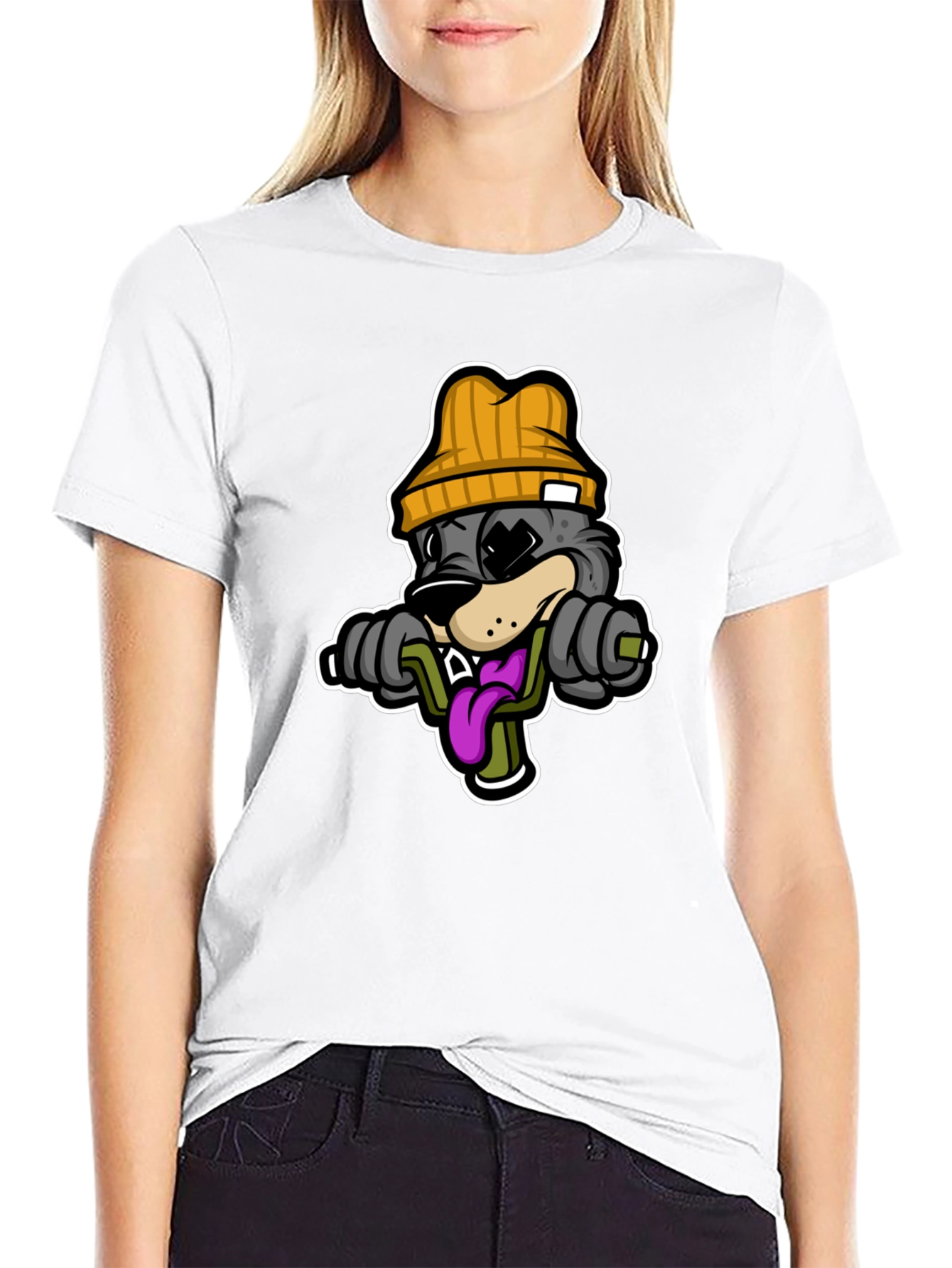 Cartoon Wolf Lifting Weights Black T-Shirt
