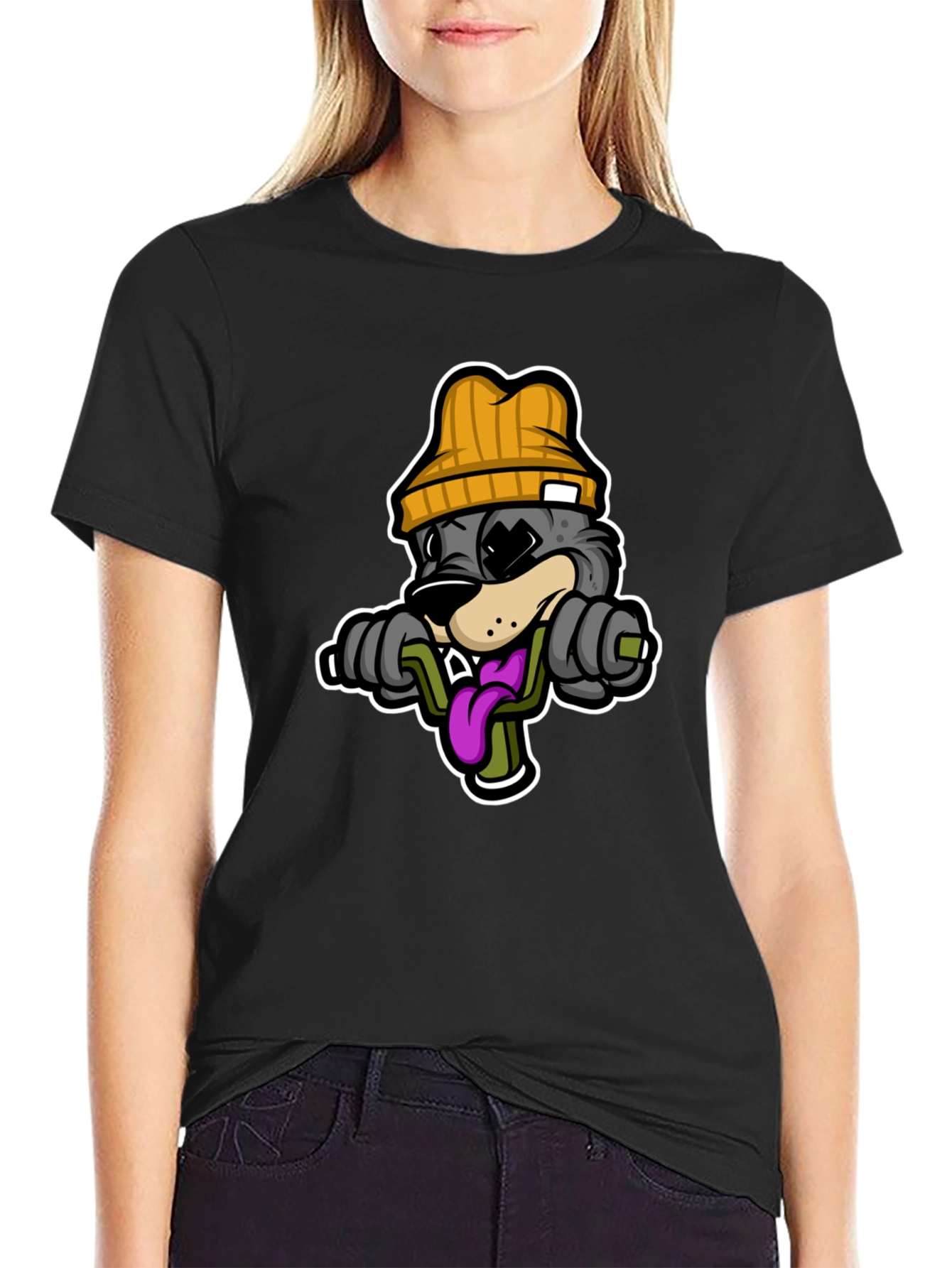 Cartoon Wolf Lifting Weights Black T-Shirt