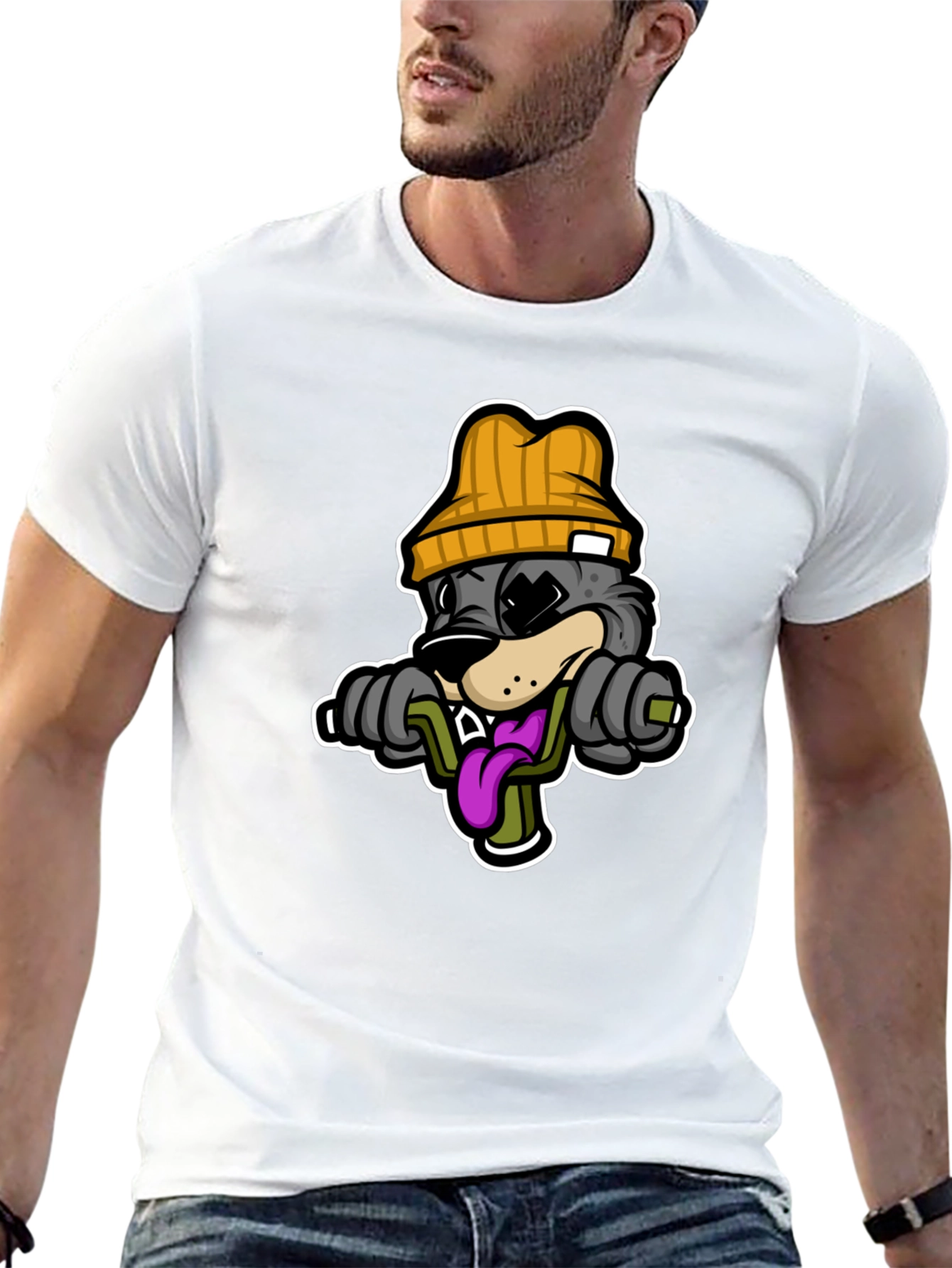 Cartoon Wolf Lifting Weights Black T-Shirt