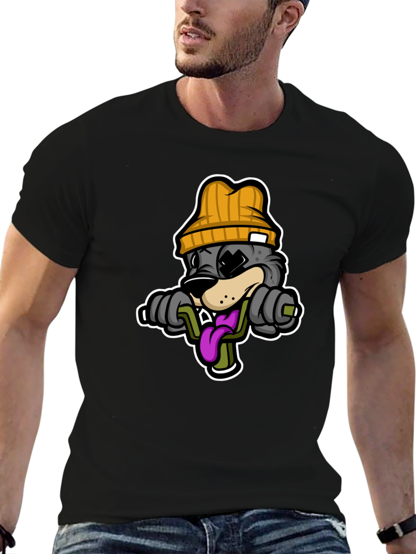 Cartoon Wolf Lifting Weights Black T-Shirt