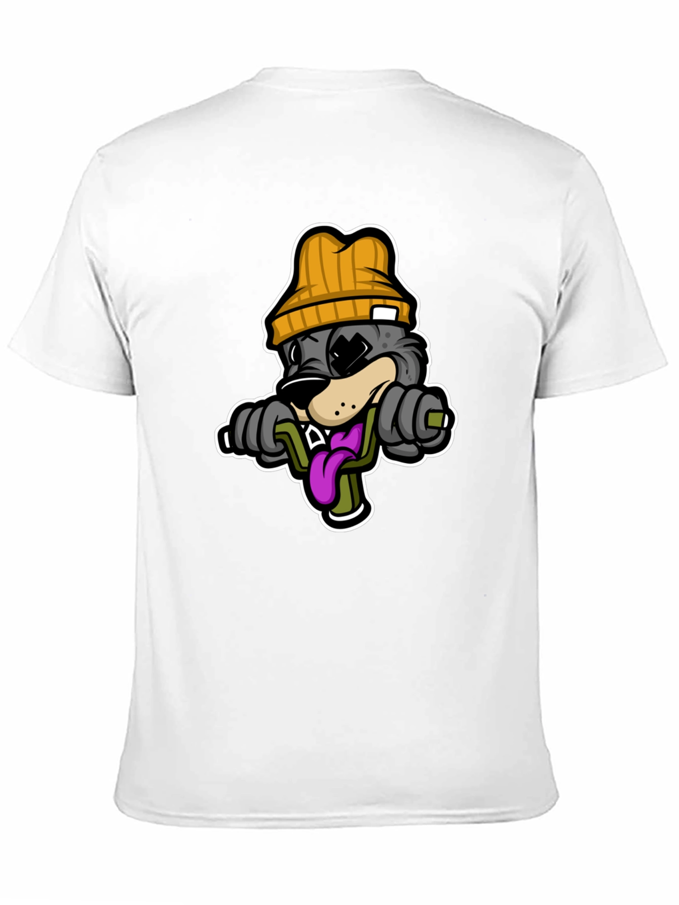 Cartoon Wolf Lifting Weights Black T-Shirt