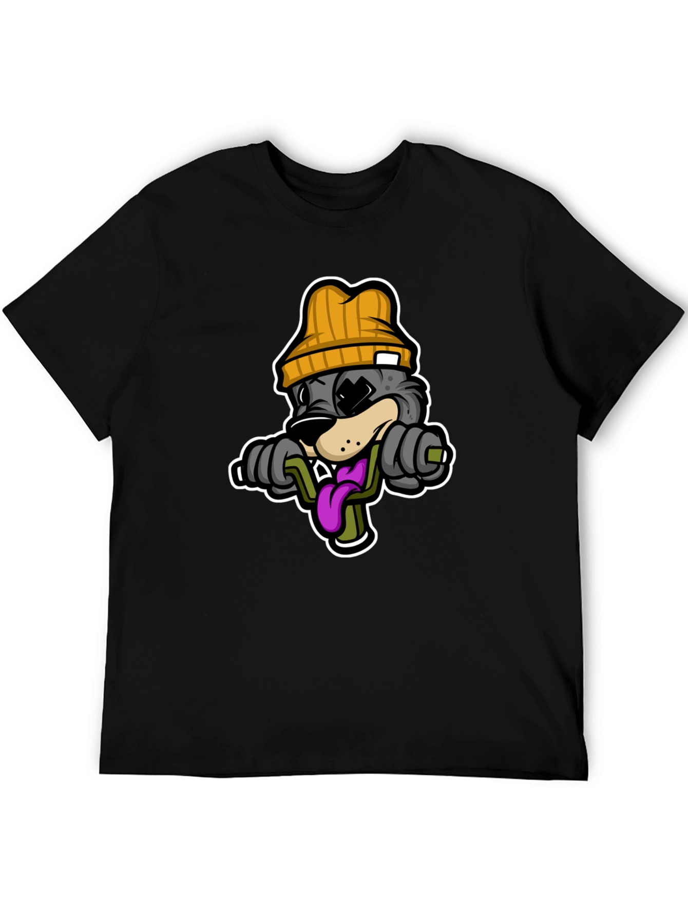 Cartoon Wolf Lifting Weights Black T-Shirt