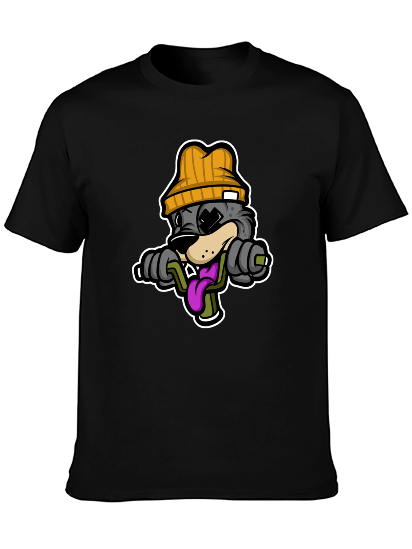 Cartoon Wolf Lifting Weights Black T-Shirt