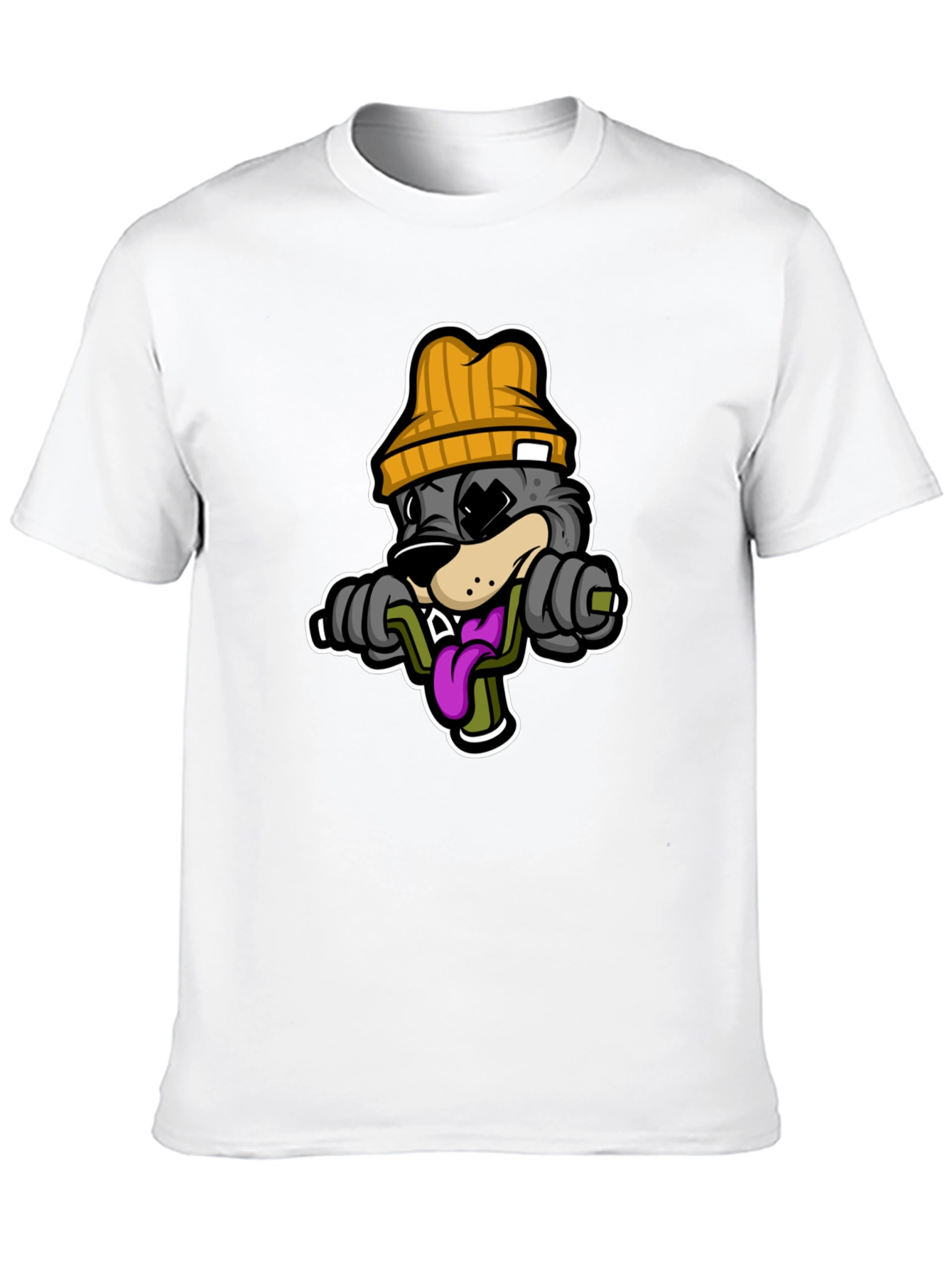 Cartoon Wolf Lifting Weights Black T-Shirt