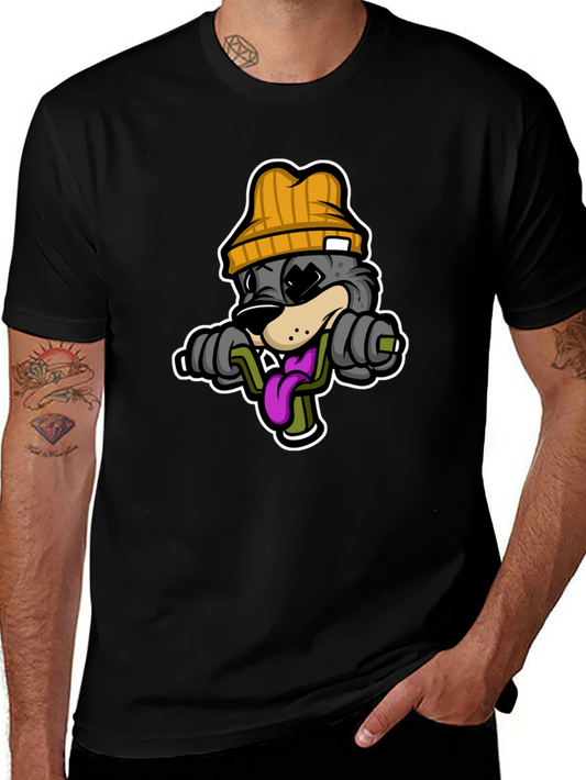 Cartoon Wolf Lifting Weights Black T-Shirt