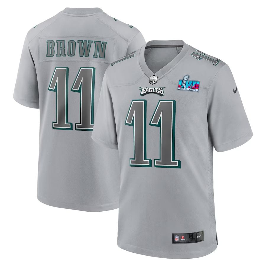 Men's Philadelphia Eagles A.J. Brown #11 Gray Super Bowl LVII Patch Atmosphere Fashion Game Jerseys