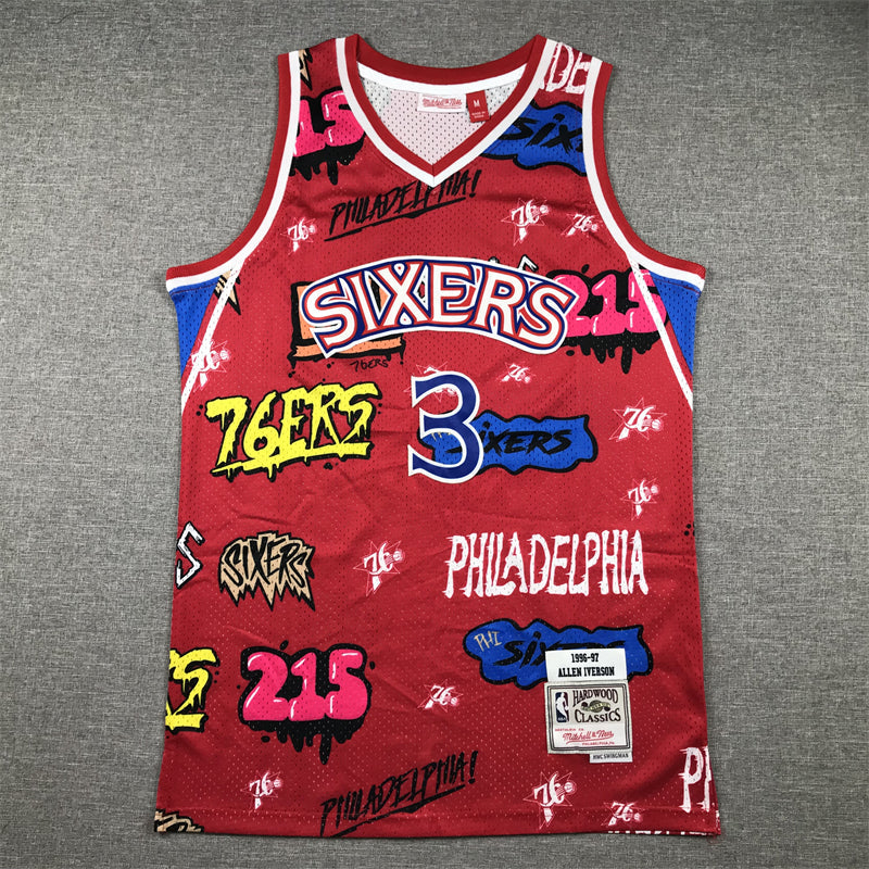 Men's Philadelphia 76ers Allen Iverson #3 Red Swingman Graffiti Edition Jerseys