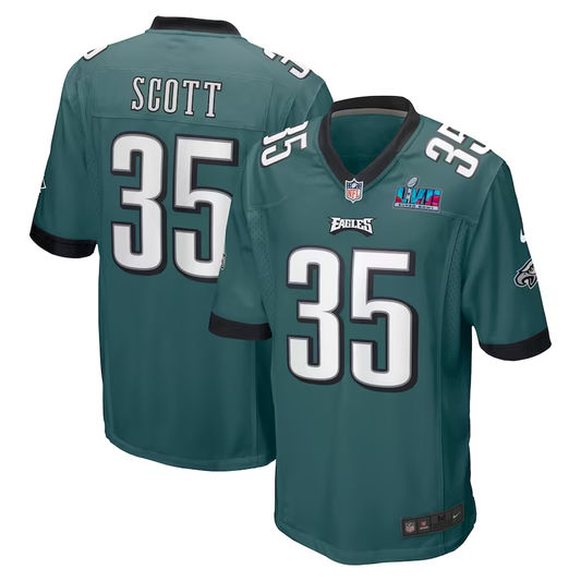 Men's Philadelphia Eagles Boston Scott #35 Midnight Green Super Bowl LVII Patch Game Jerseys
