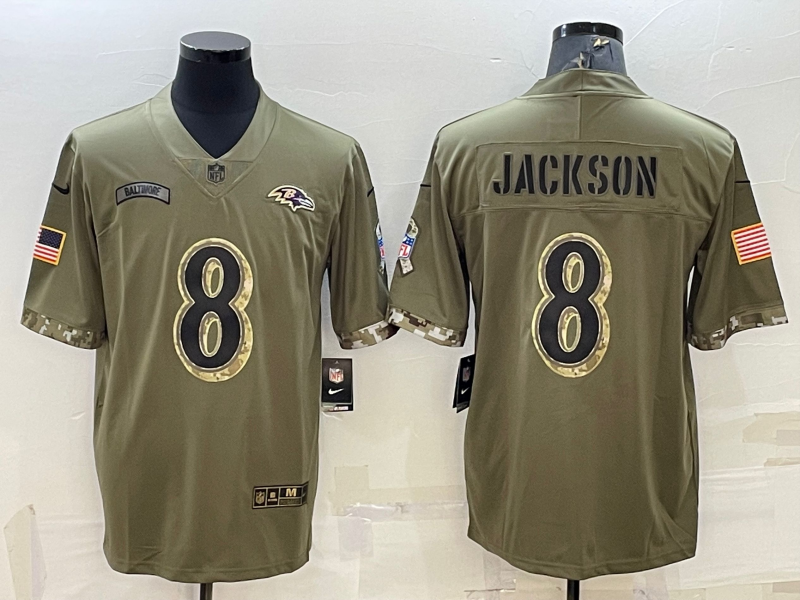 Men's Baltimore Ravens Lamar Jackson #8 Olive 2022 Salute To Service Limited Jerseys