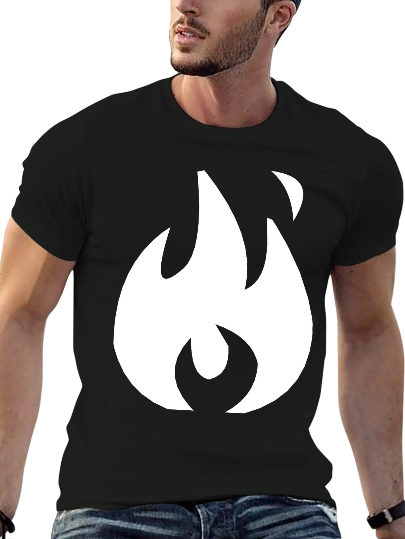 Black T-Shirt with White Flame Graphic