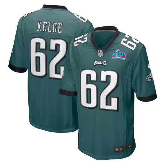 Men's Philadelphia Eagles Jason Kelce #62 Midnight Green Super Bowl LVII Patch Game Jerseys