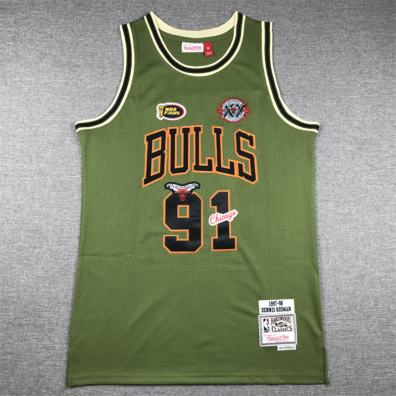 Men's Chicago Bulls Dennis Rodman #91 Army Green 1997-98 Hardwood Classics Swingman Jerseys