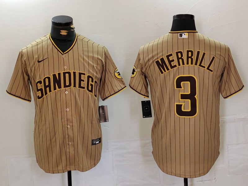 Men's San Diego Padres Jackson Merrill #3 Tan Replica Player Jerseys