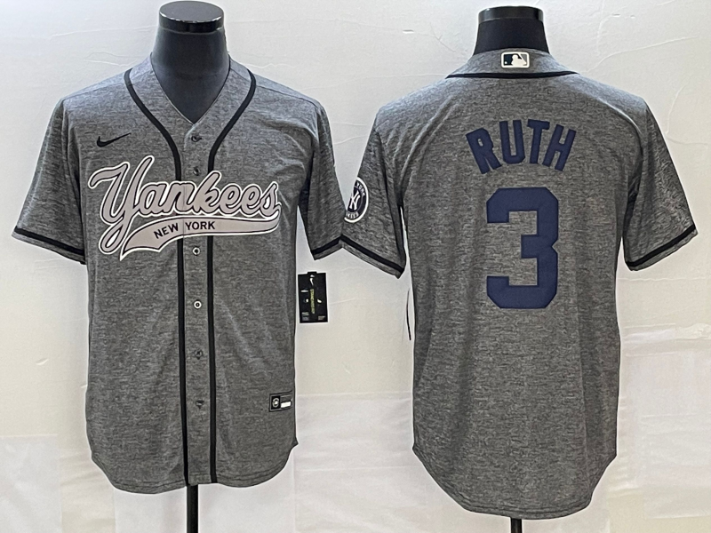 Men's New York Yankees Babe Ruth #3 Gray Game Jerseys Joint Edition