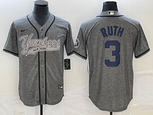 Men's New York Yankees Babe Ruth #3 Gray Game Jerseys Joint Edition