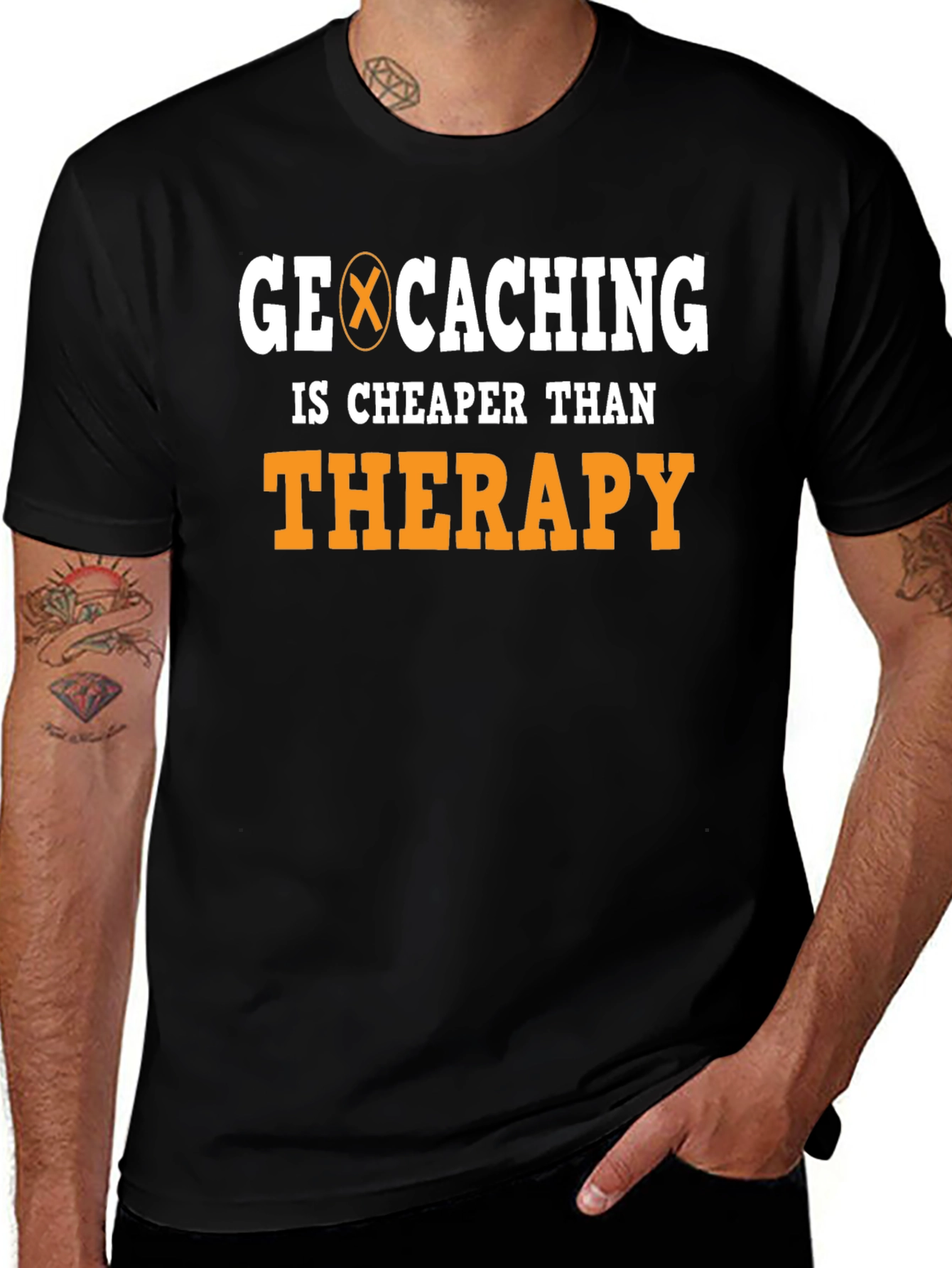 Geocaching Cheaper Than Therapy Black Graphic Tee