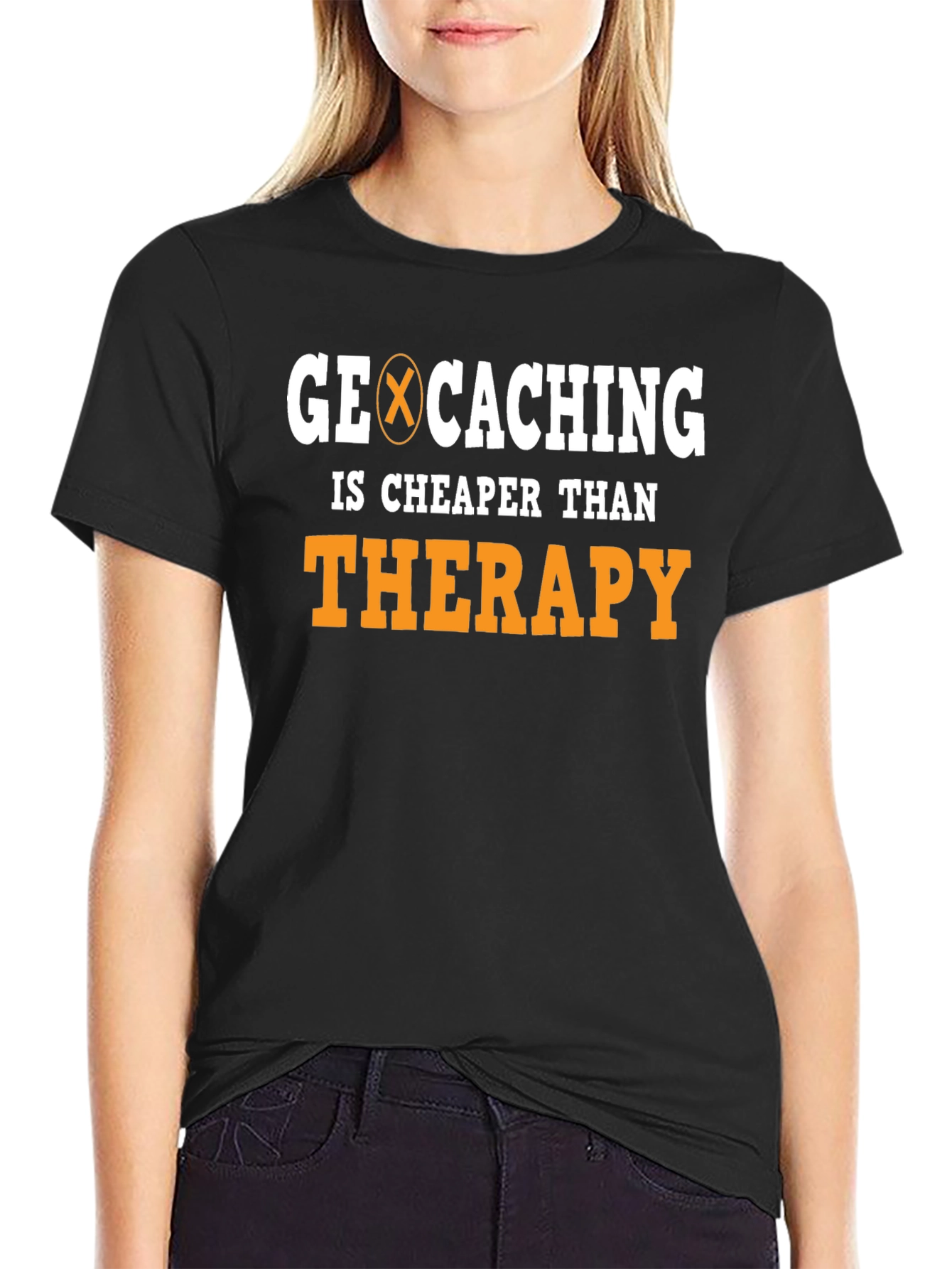 Geocaching Cheaper Than Therapy Black Graphic Tee