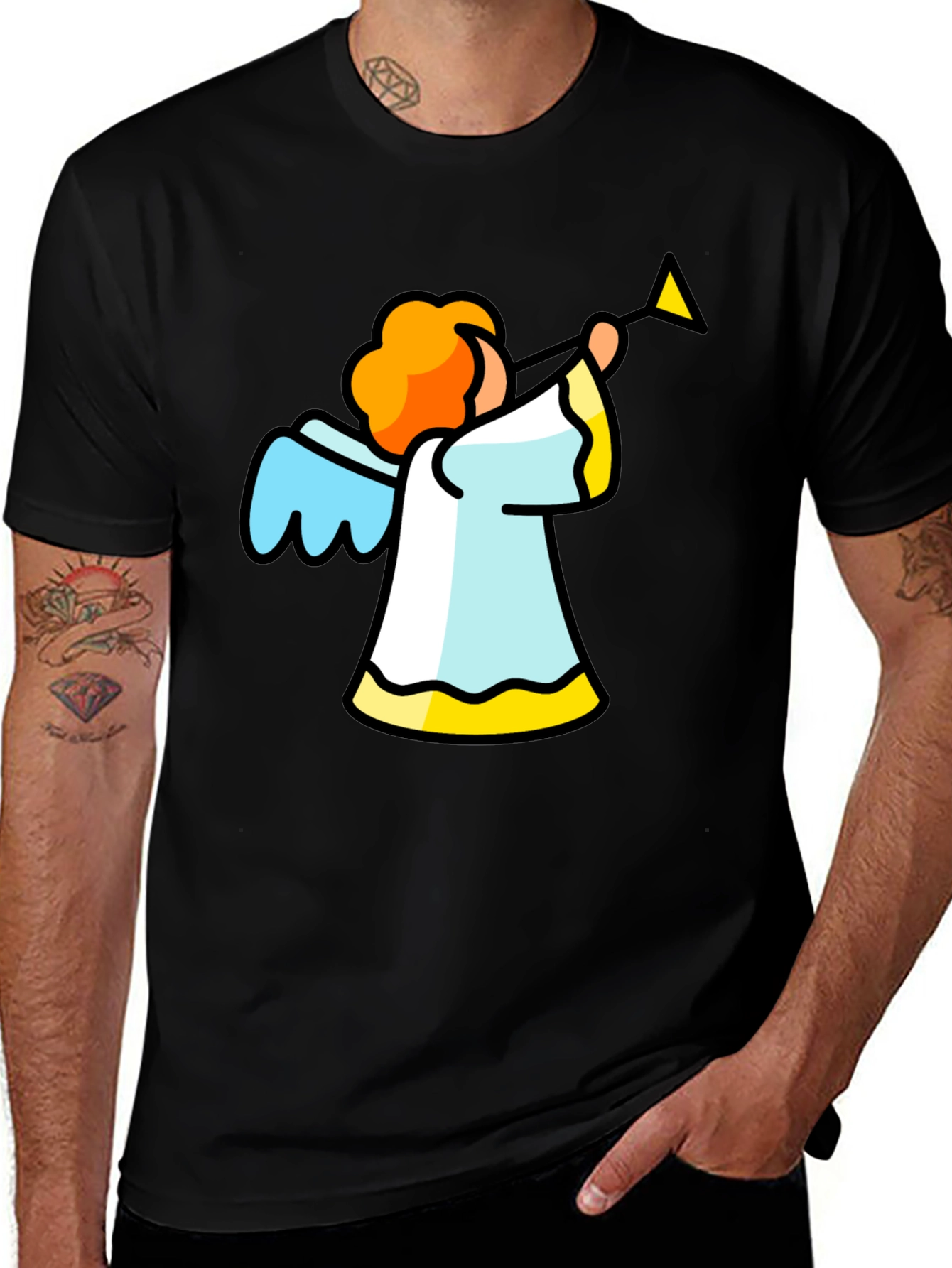 Angel Trumpet Graphic Tee - Black Cotton T-Shirt