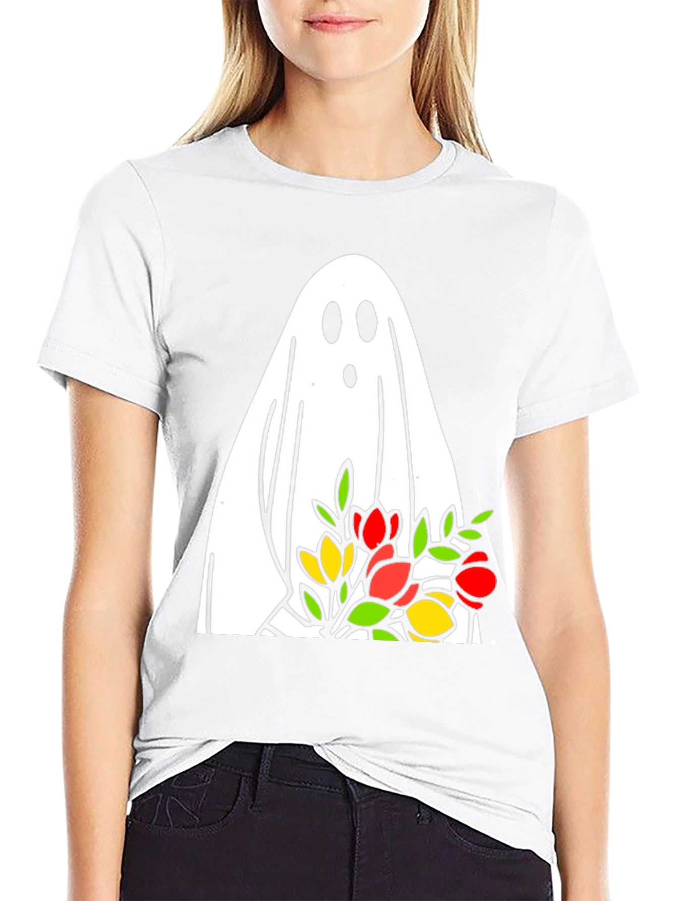 Ghost Holding Flowers Graphic T-Shirt