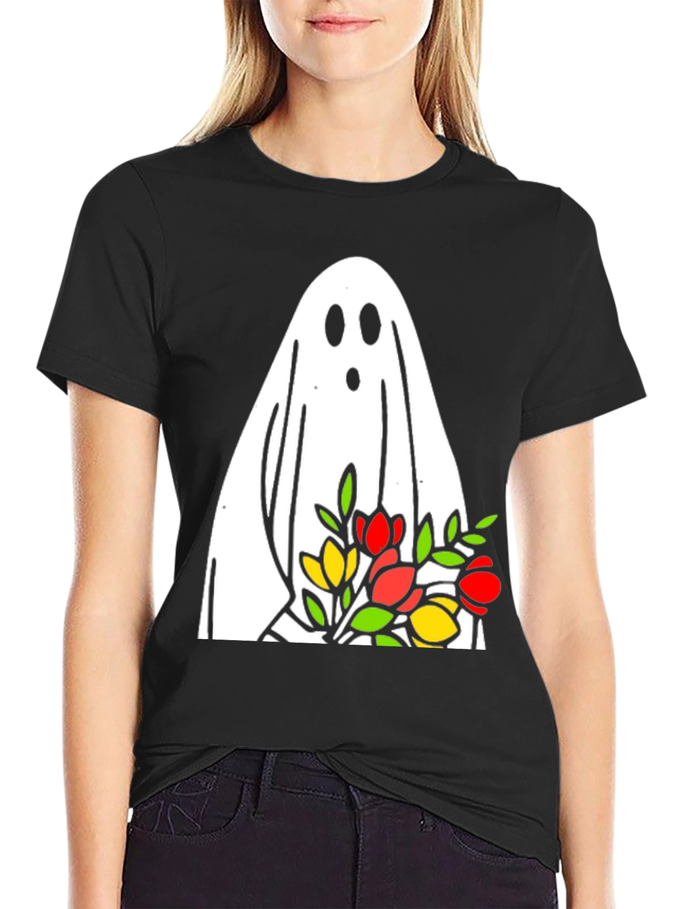 Ghost Holding Flowers Graphic T-Shirt