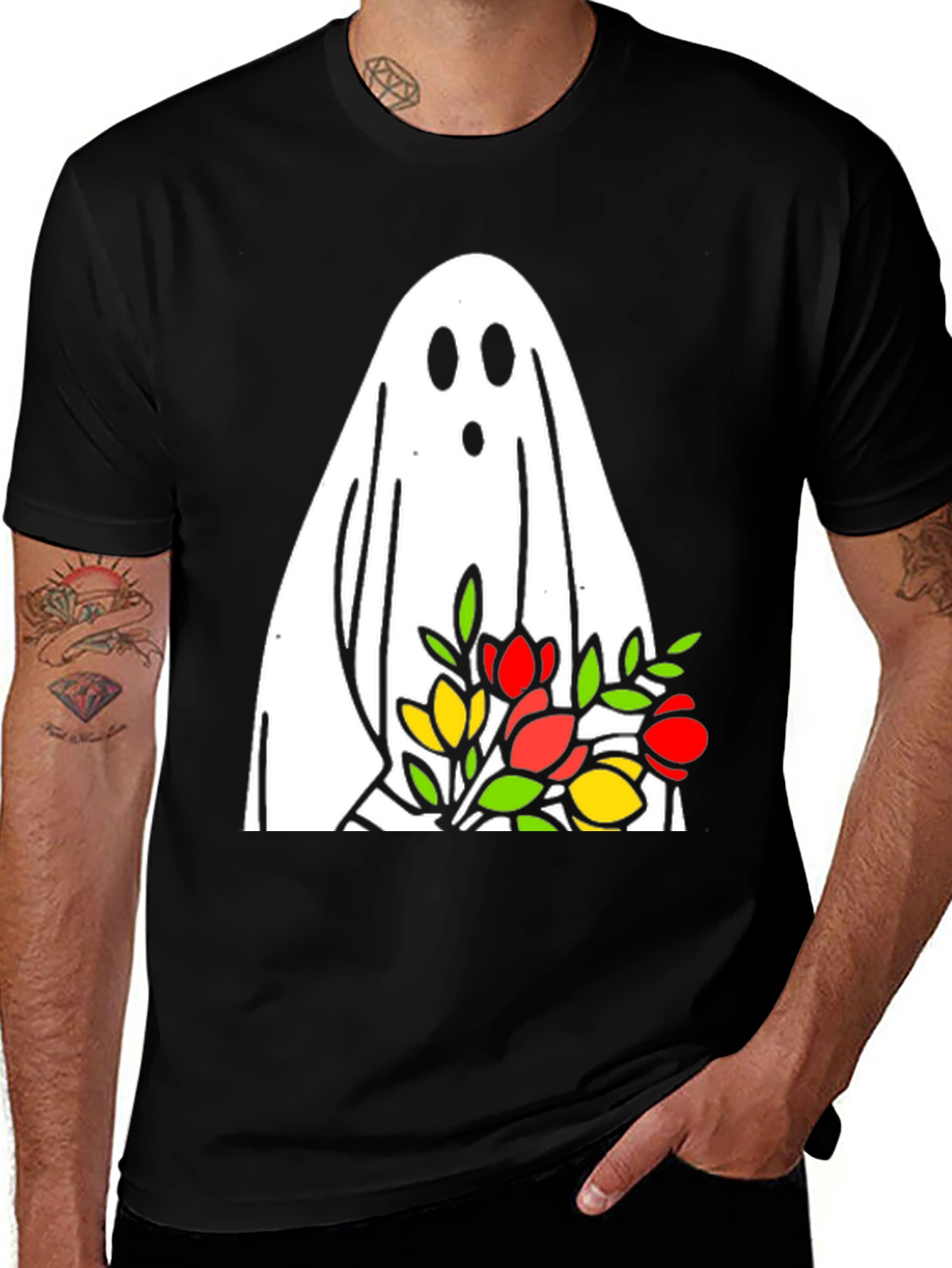 Ghost Holding Flowers Graphic T-Shirt