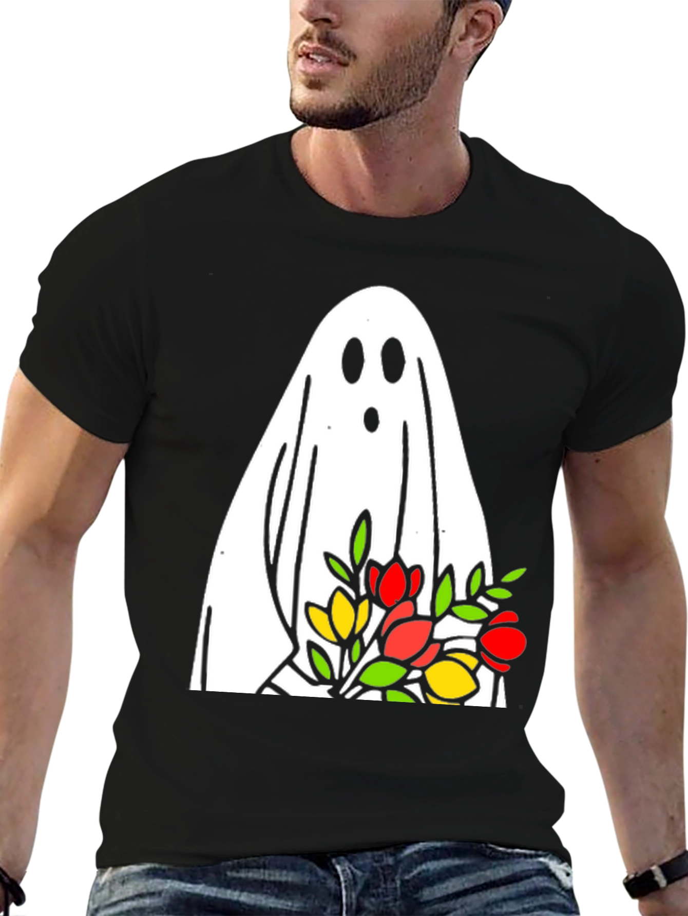Ghost Holding Flowers Graphic T-Shirt