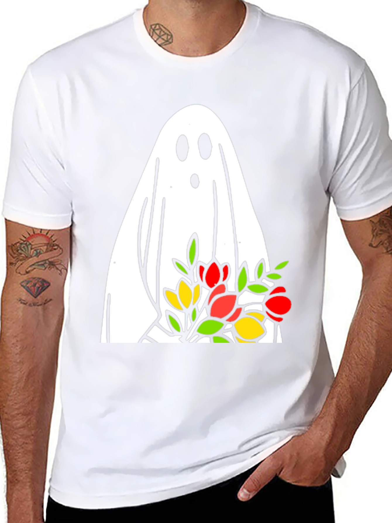 Ghost Holding Flowers Graphic T-Shirt