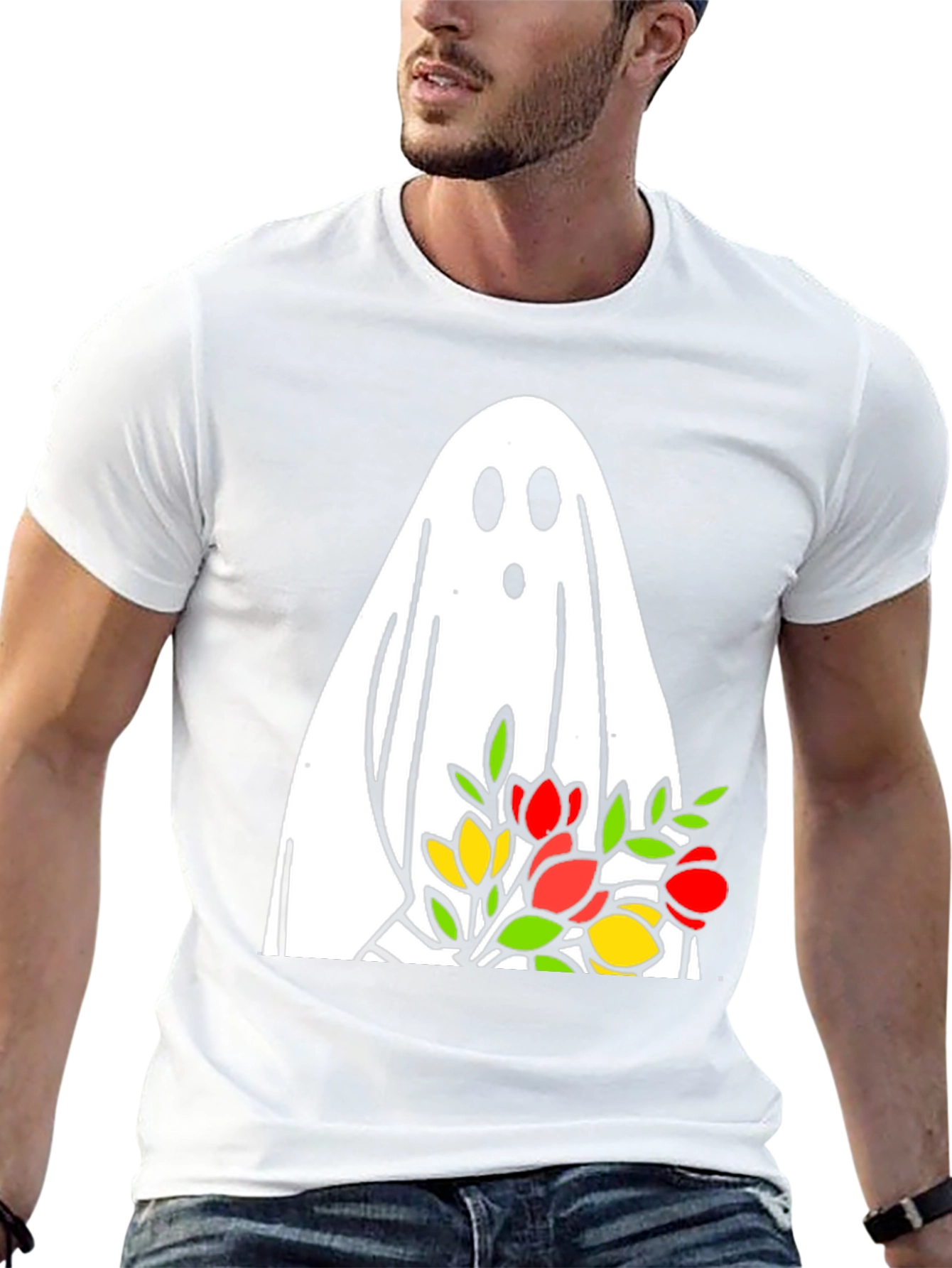 Ghost Holding Flowers Graphic T-Shirt