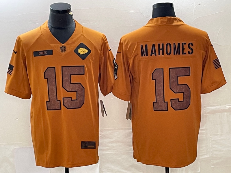Men's Kansas City Chiefs Patrick Mahomes #15 Brown 2023 Salute To Service Retired Player Limited Jerseys