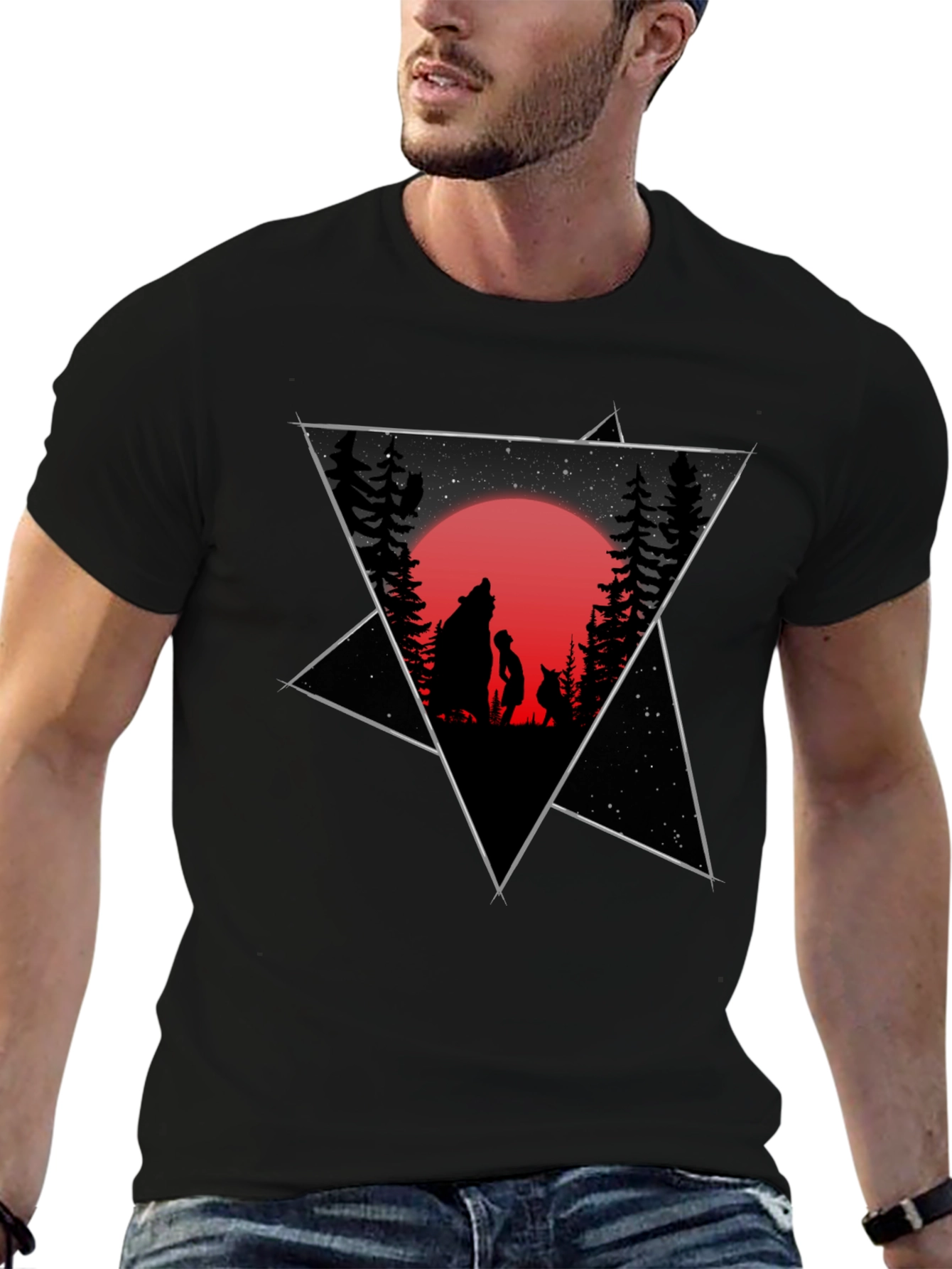 Black Graphic Tee - Wolf Boy Moon Design