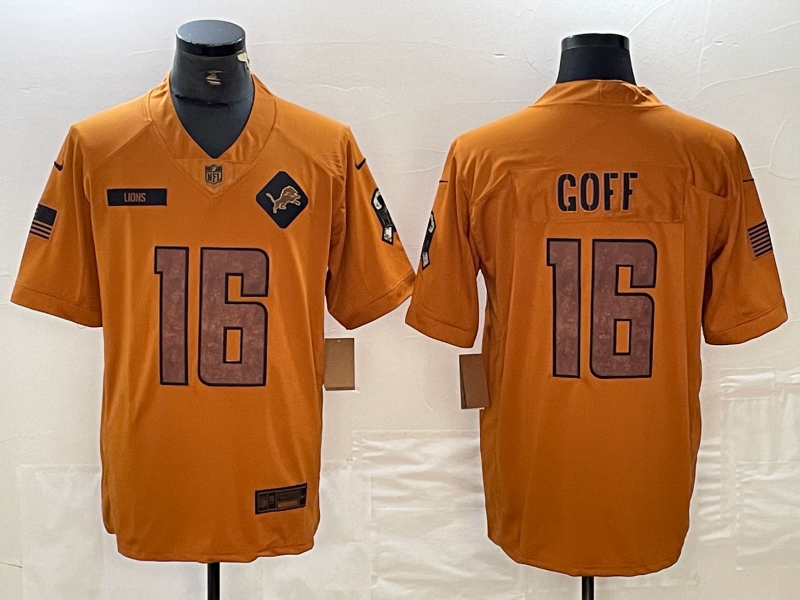 Men's Detroit Lions Jared Goff #16 Brown 2023 Salute To Service Limited Jerseys