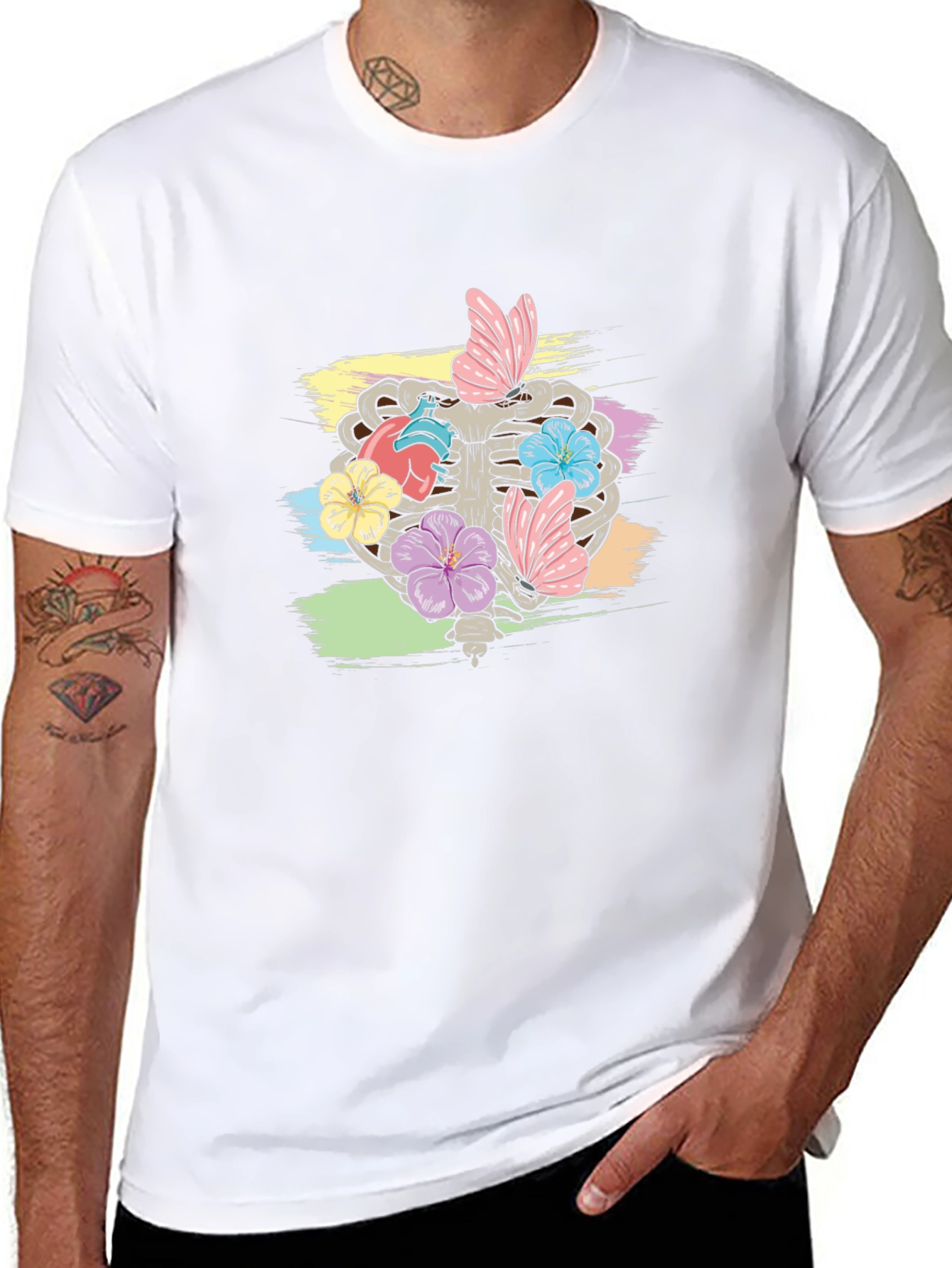 Floral Rib Cage Graphic T-Shirt - Black
