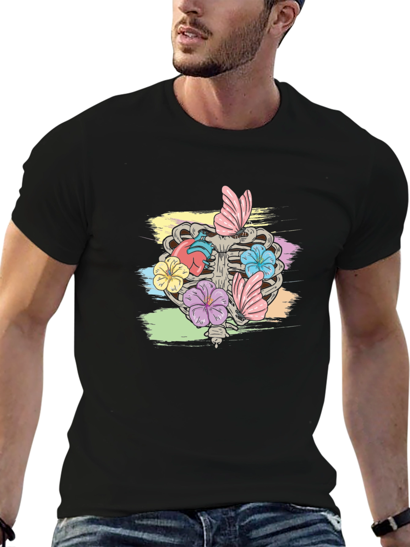 Floral Rib Cage Graphic T-Shirt - Black