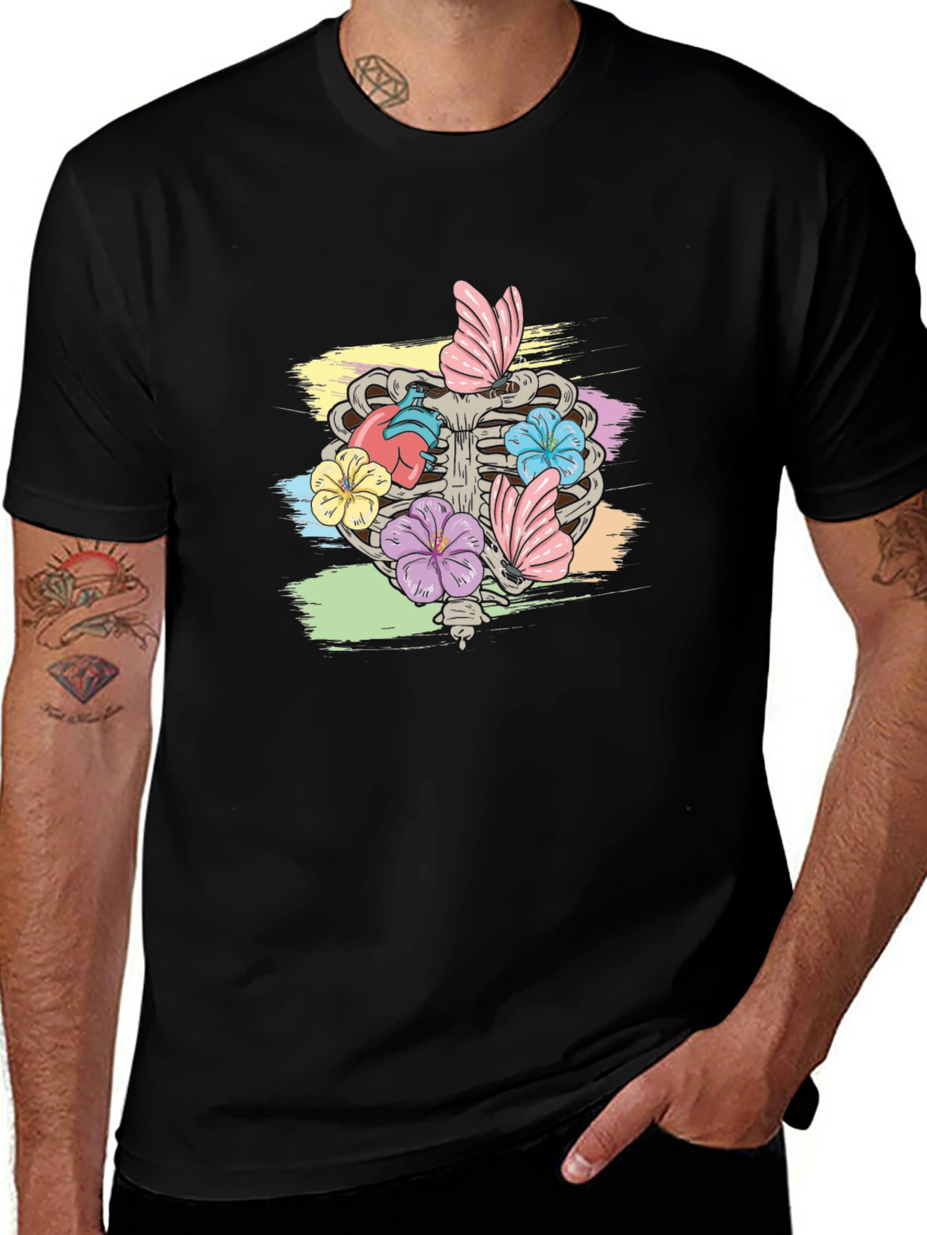 Floral Rib Cage Graphic T-Shirt - Black