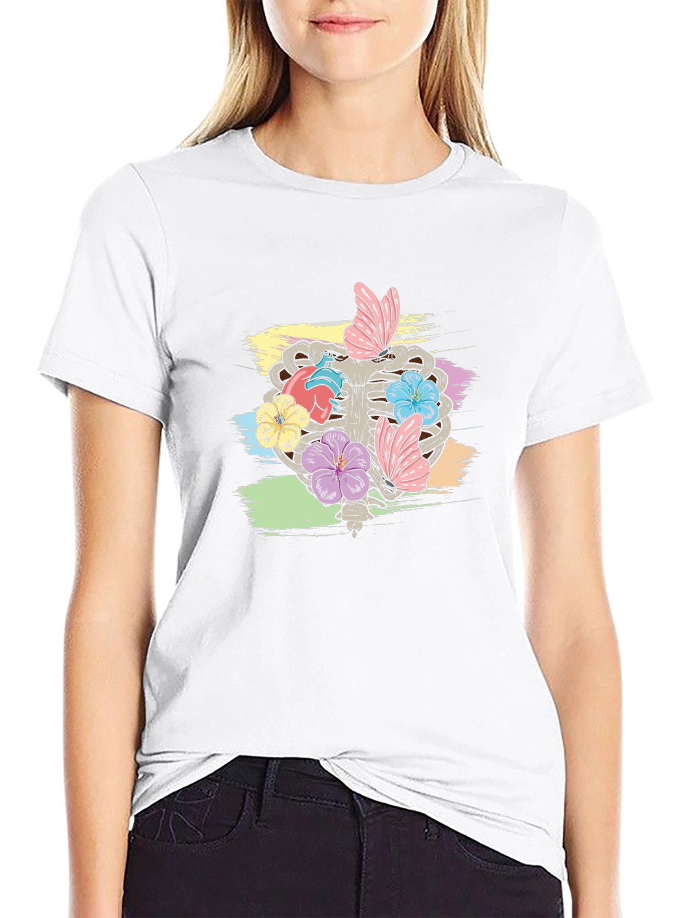 Floral Rib Cage Graphic T-Shirt - Black