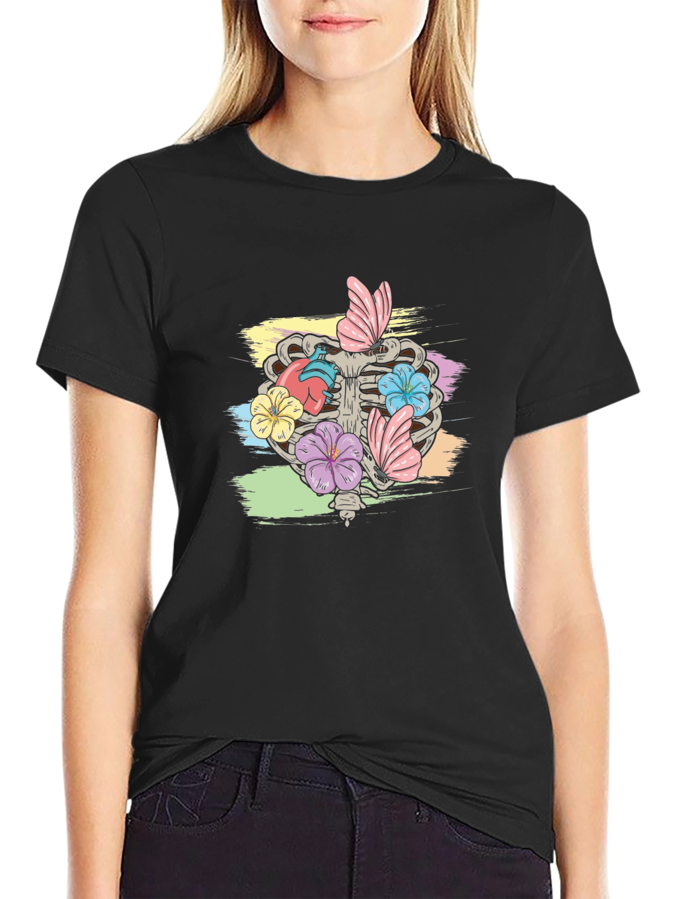 Floral Rib Cage Graphic T-Shirt - Black
