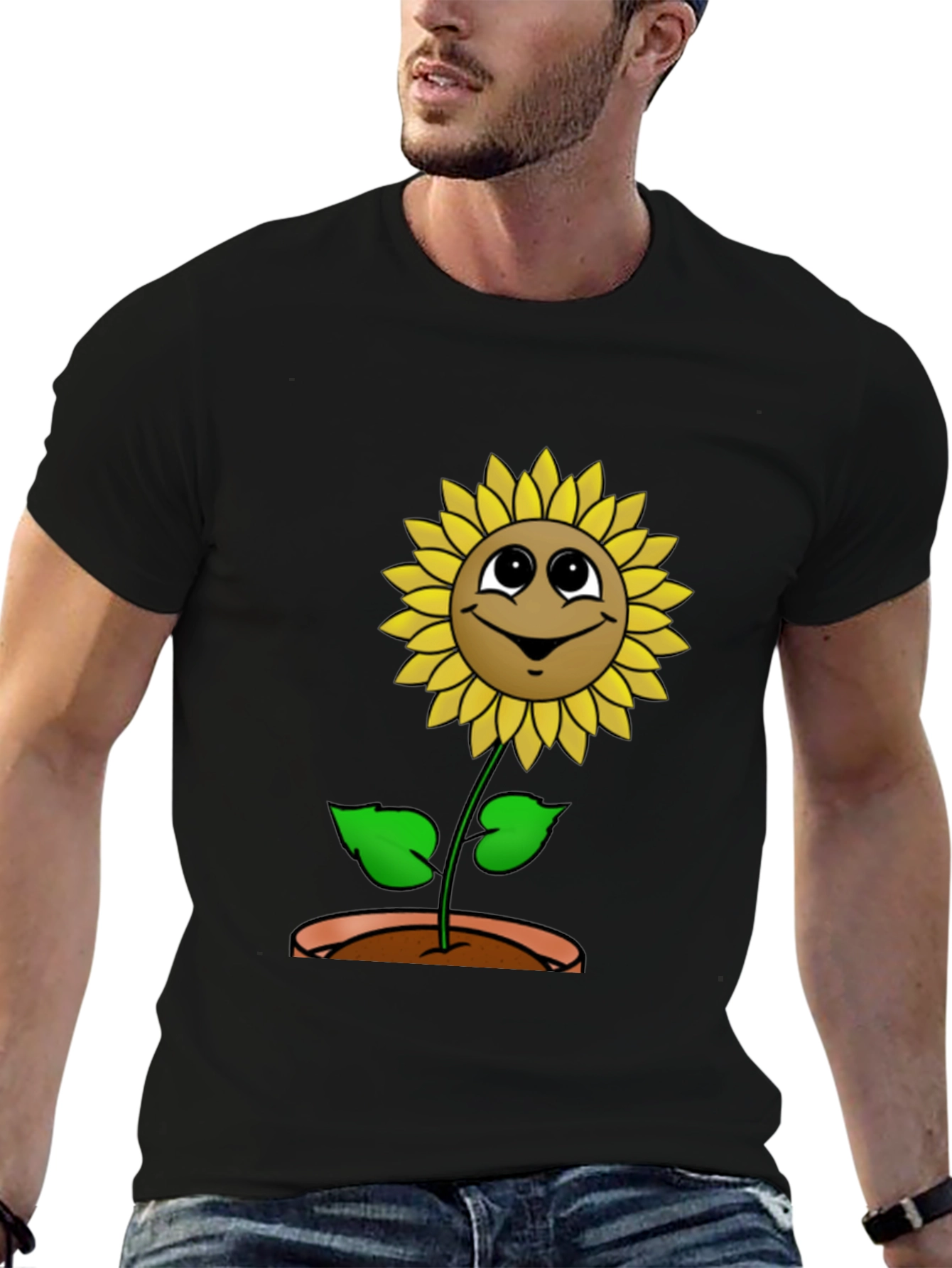Happy Sunflower Graphic Tee - Black Cotton T-Shirt