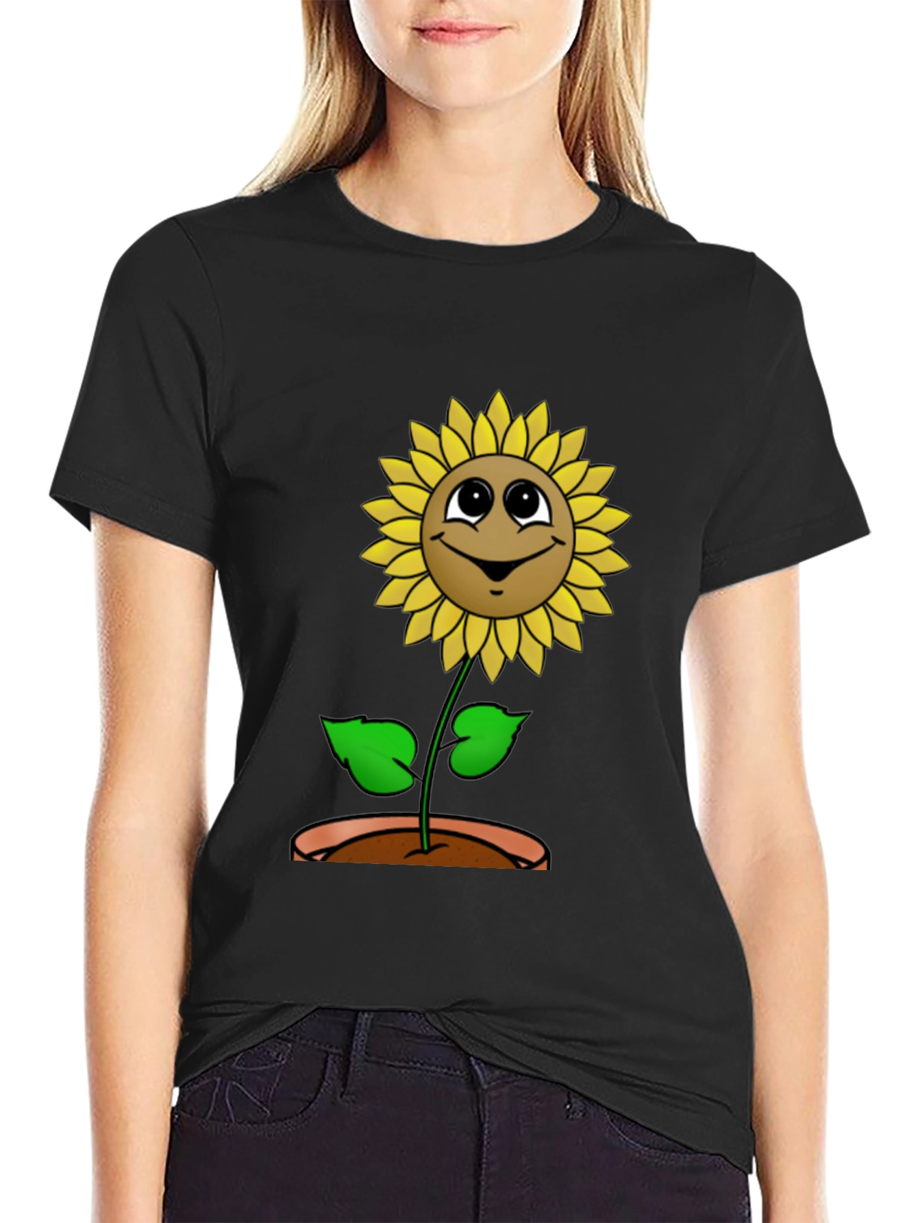 Happy Sunflower Graphic Tee - Black Cotton T-Shirt