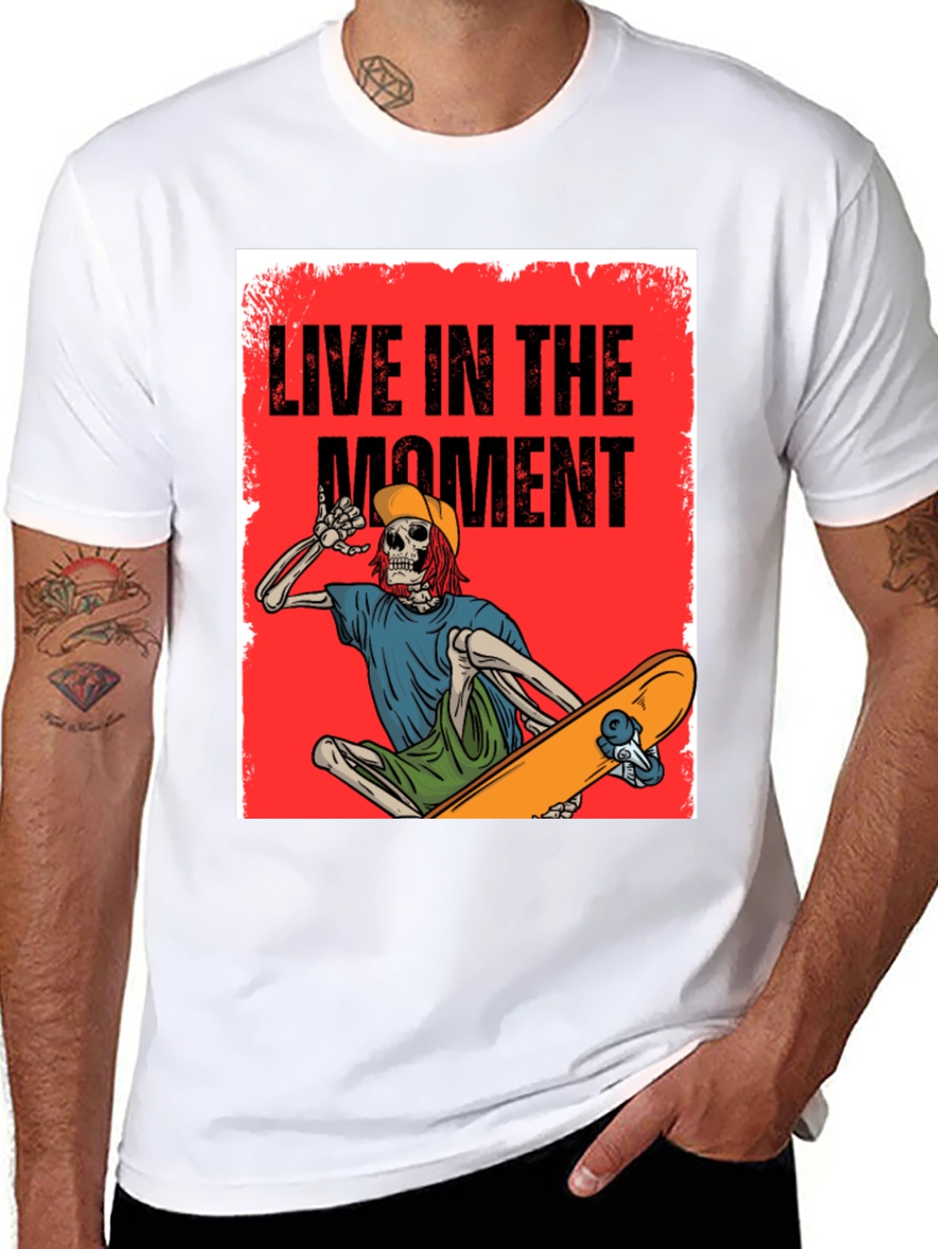 Live in the Moment Skeleton Skateboarder Graphic Tee