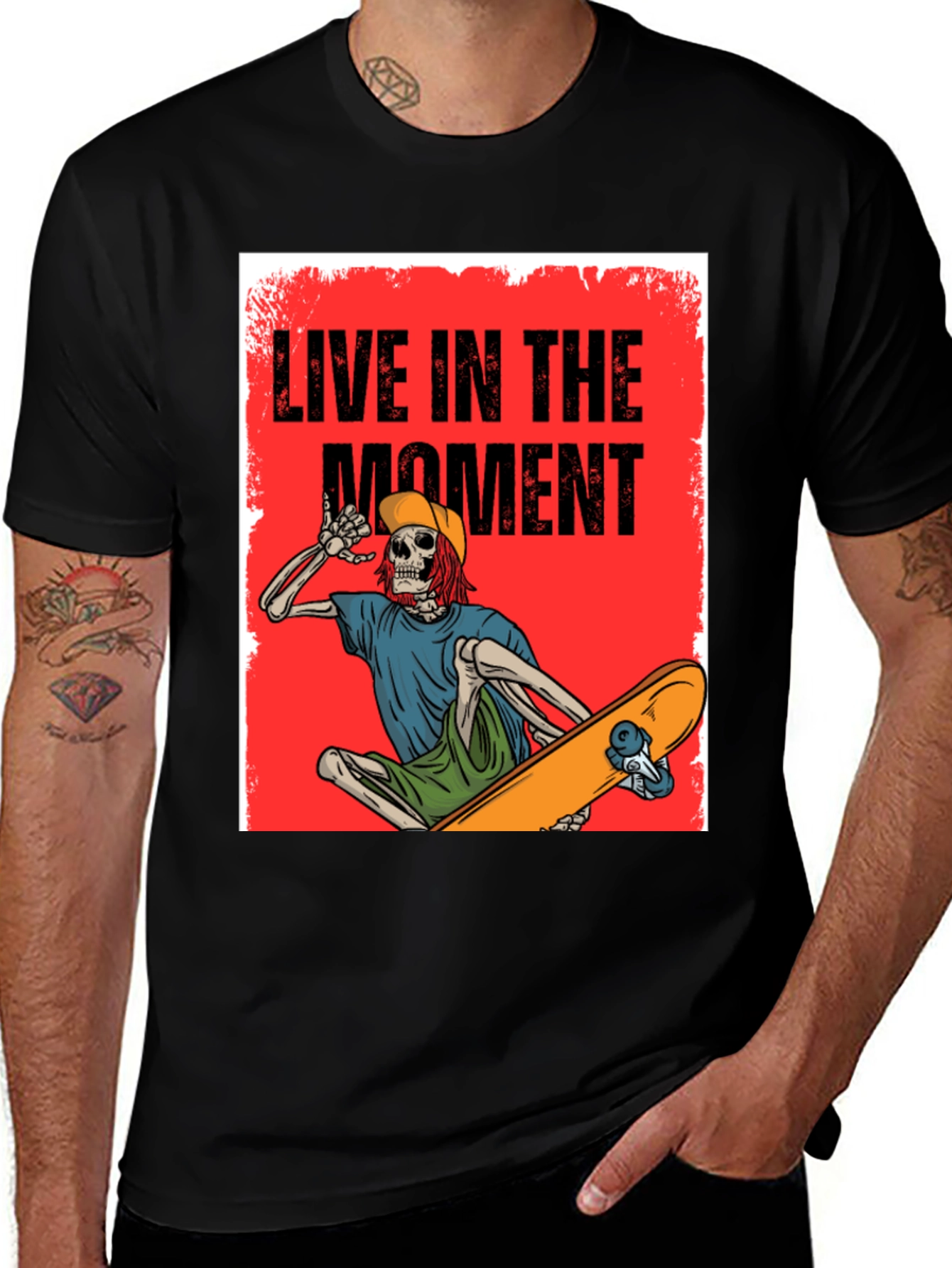 Live in the Moment Skeleton Skateboarder Graphic Tee