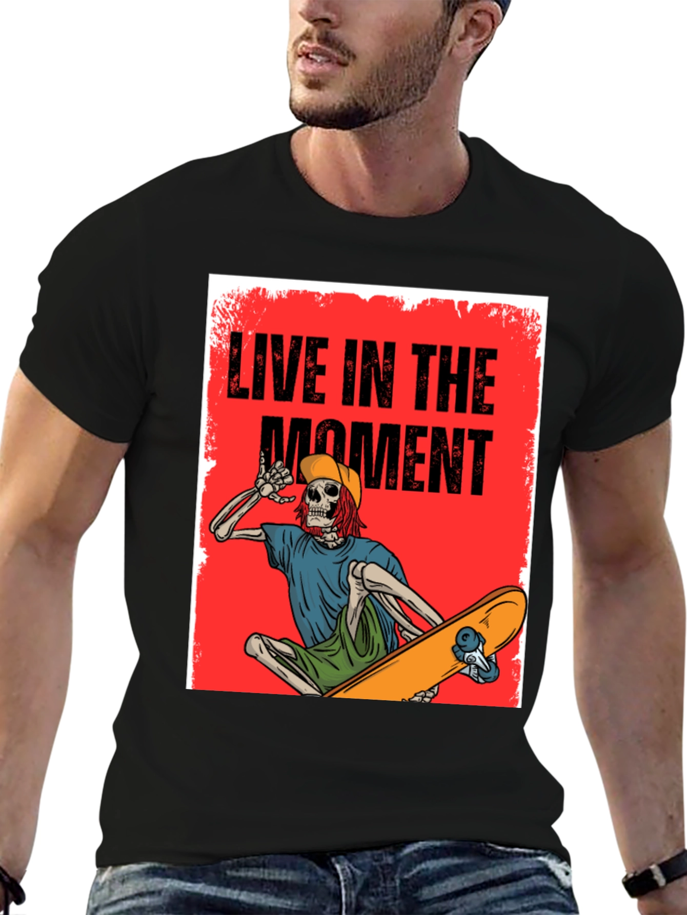 Live in the Moment Skeleton Skateboarder Graphic Tee
