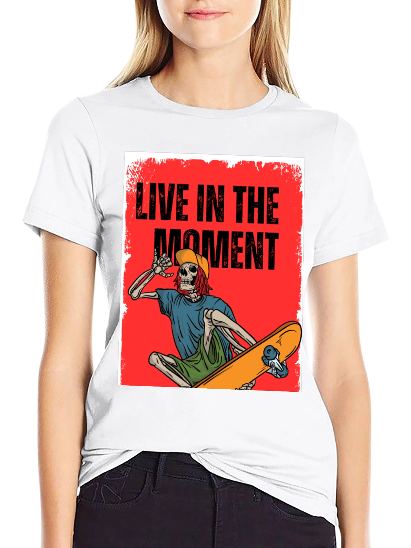 Live in the Moment Skeleton Skateboarder Graphic Tee