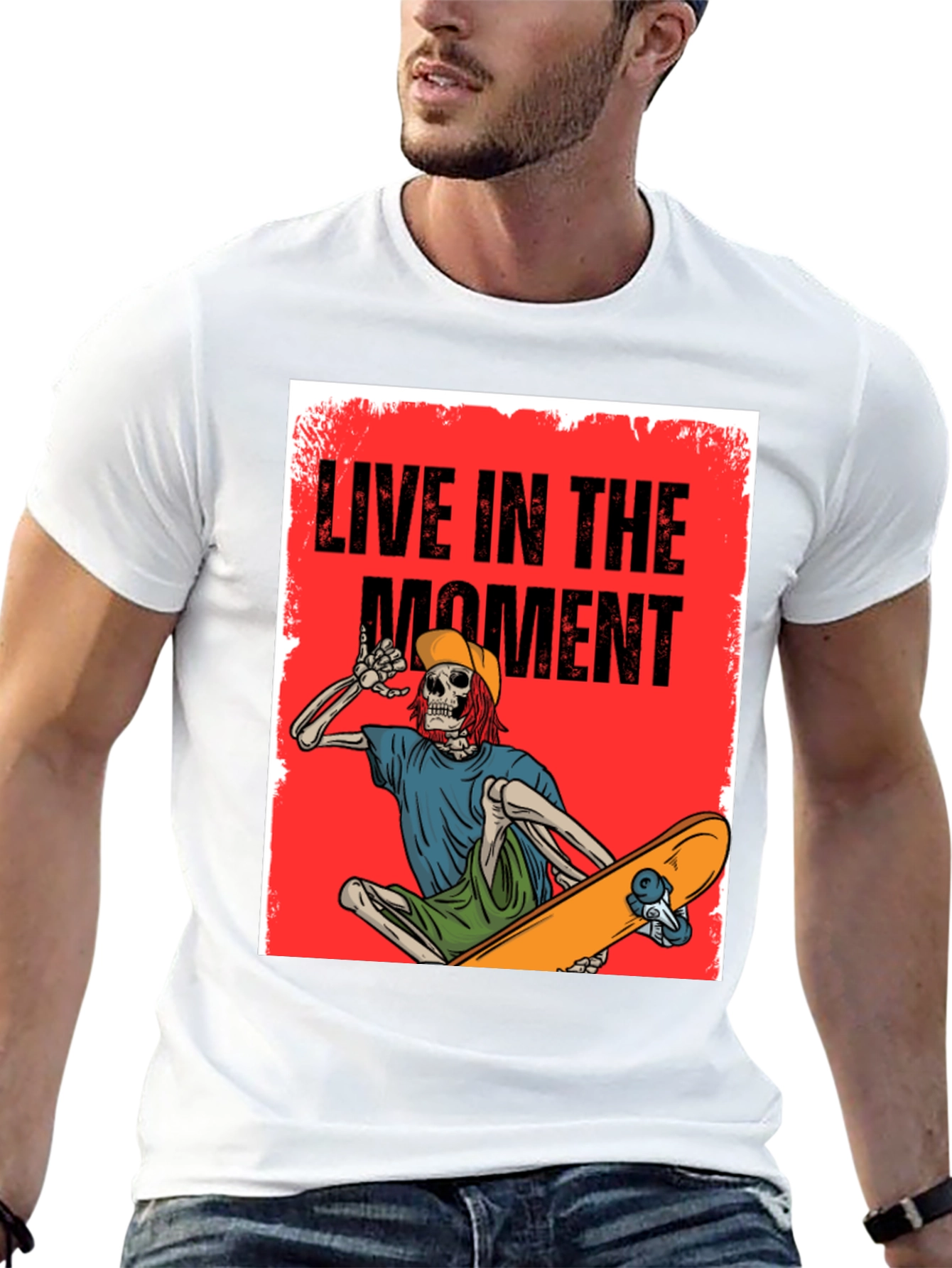 Live in the Moment Skeleton Skateboarder Graphic Tee