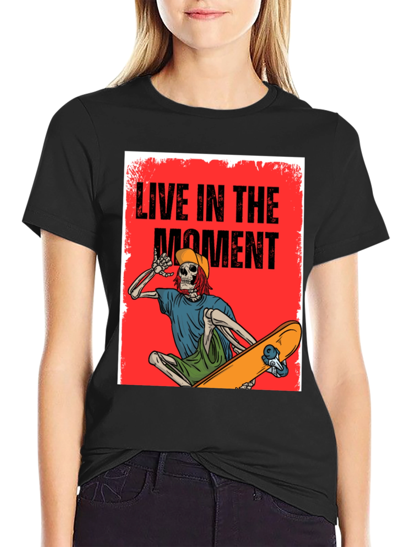Live in the Moment Skeleton Skateboarder Graphic Tee