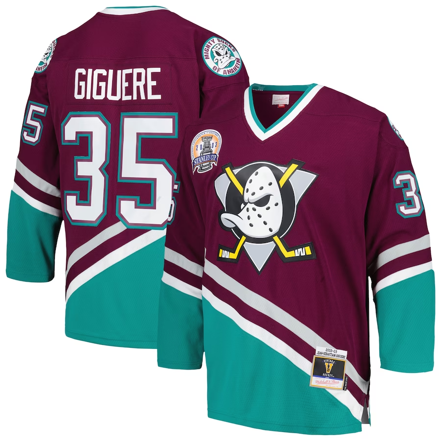 Men's Anaheim Ducks Jean-Sebastien Giguere Mitchell #35 Ness Purple 2002/03 Blue Line Player Jerseys