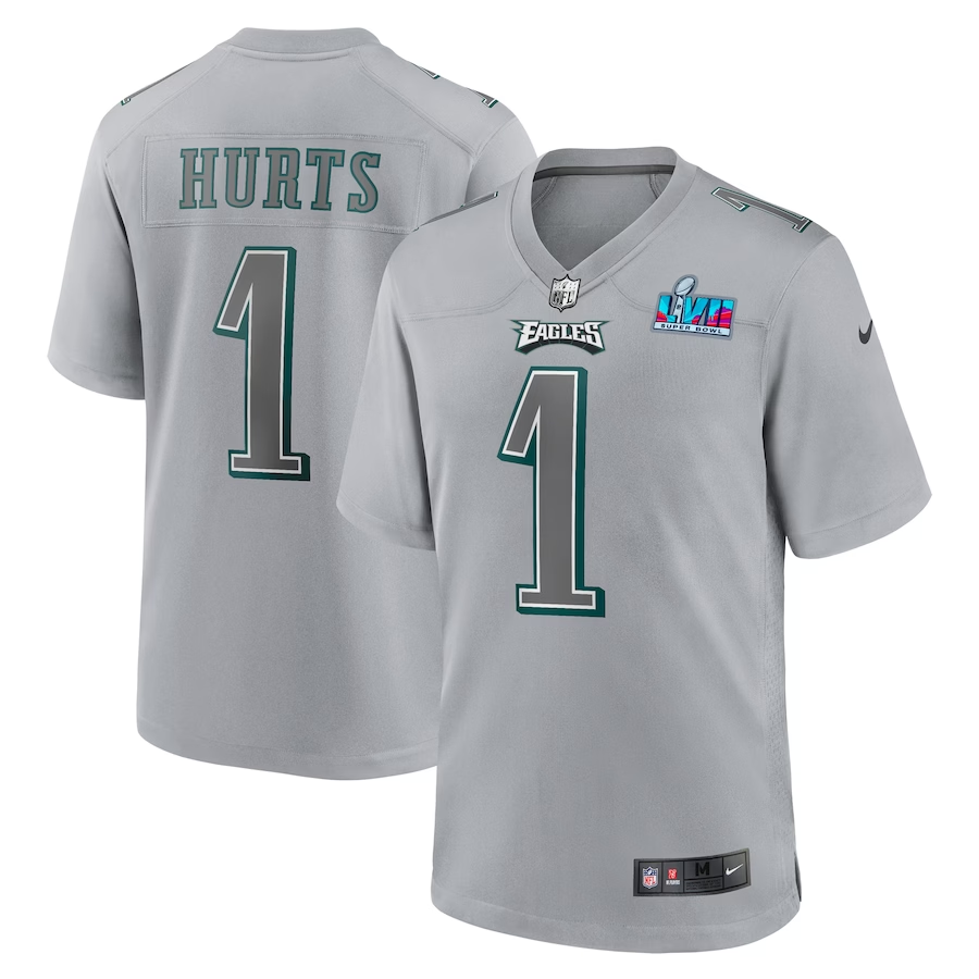 Men's Philadelphia Eagles Jalen Hurts #1 Gray Super Bowl LVII Patch Atmosphere Fashion Game Jerseys