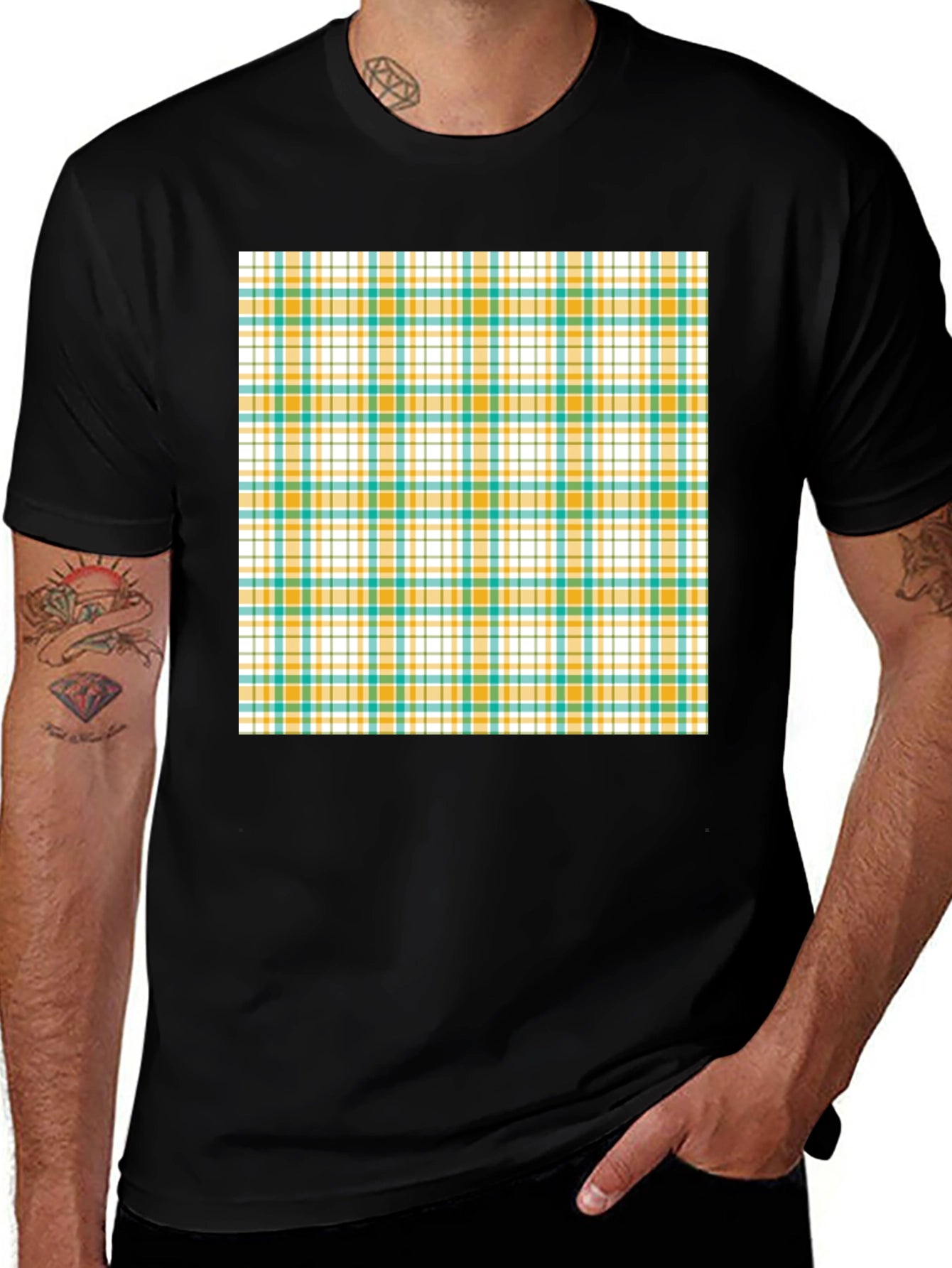 Modern Plaid Pattern Black T-Shirt