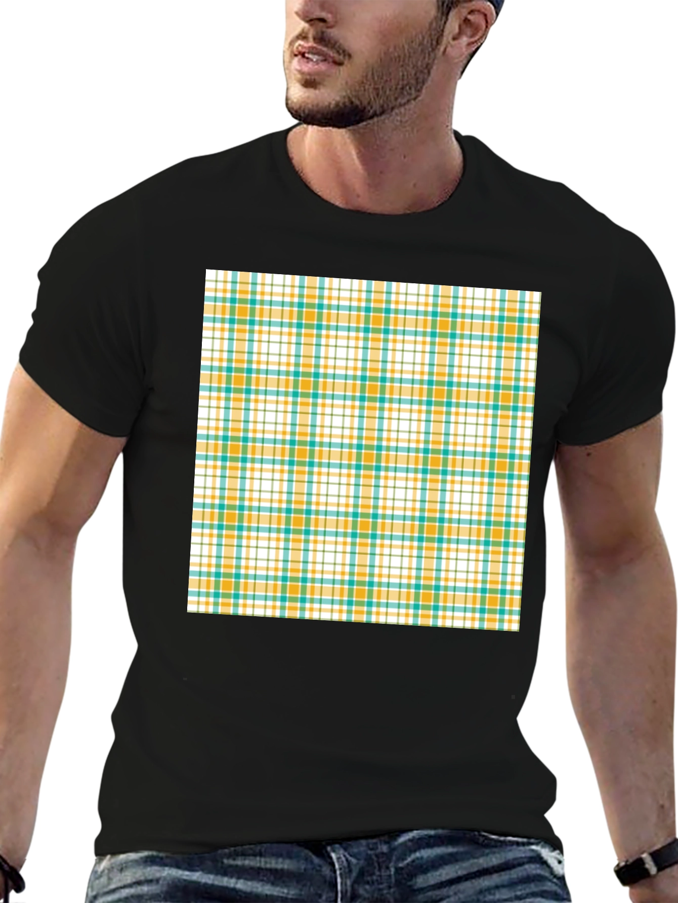 Modern Plaid Pattern Black T-Shirt